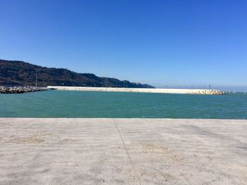 Scenic view of sea against clear blue sky