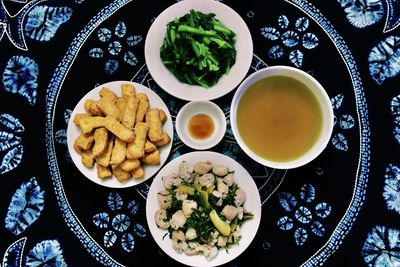 High angle view of meal served on table