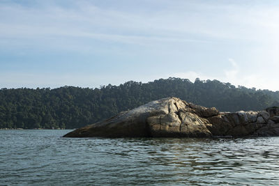 Scenic view of rock by sea against sky