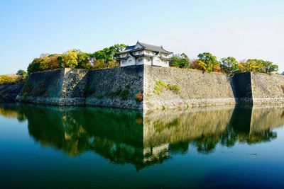 Scenic view of lake against clear blue sky