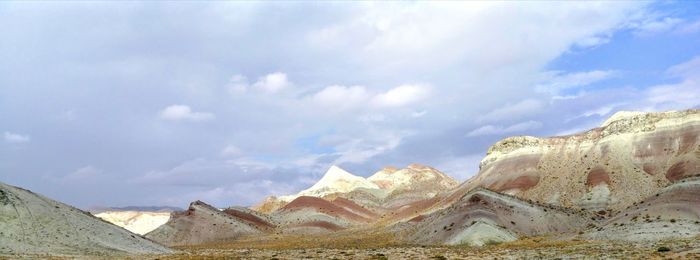 Panoramic view of desert against cloudy sky