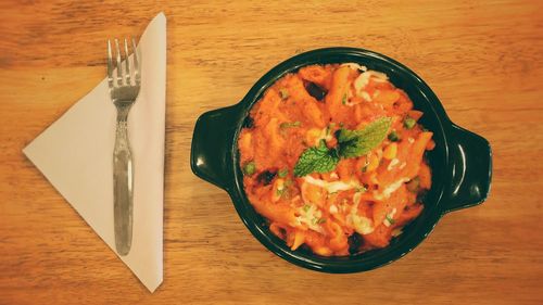 High angle view of food in plate on table