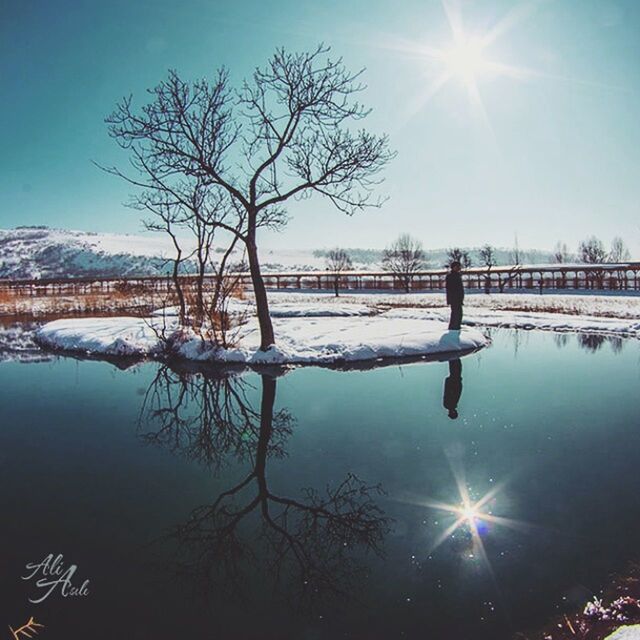 water, sun, reflection, lake, tranquil scene, sunbeam, tranquility, sunlight, bare tree, beauty in nature, scenics, nature, tree, lens flare, sky, sunny, blue, winter, snow, branch