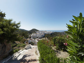 Road amidst trees and buildings against clear blue sky