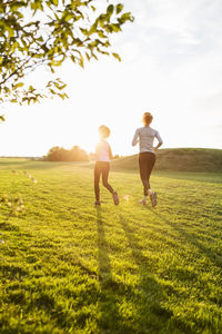 Rear view of mother and daughter running on grass at park against sky during sunset