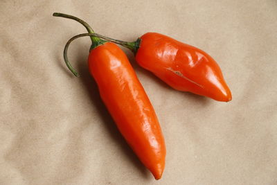 High angle view of chili peppers