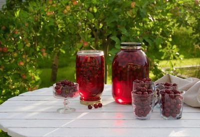 Full frame shot of drink in glass jar on table