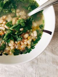 High angle view of soup in bowl