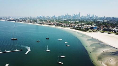 High angle view of boats in city