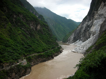 Scenic view of river amidst mountains against sky