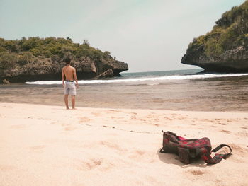 Rear view of man standing on beach against sky