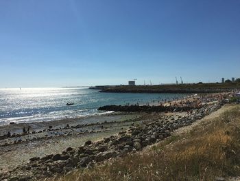 Scenic view of sea against clear blue sky