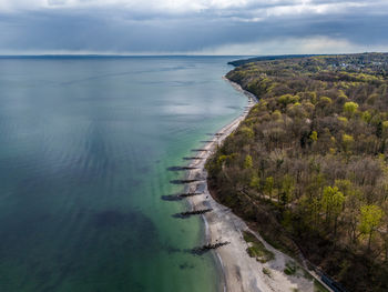 Aerial view at ballehage beach and marselisborg forest, aarhus, denmark