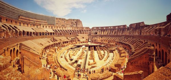 Inside the ancient colosseum or coliseum in summer. colosseum is main travel attraction of roma.