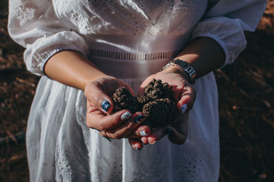 Close-up midsection of woman holding pine cones in forest