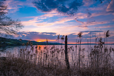 Scenic view of lake against sky during sunset