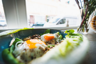 Close-up of breakfast served on table