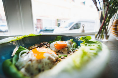 Close-up of breakfast served on table