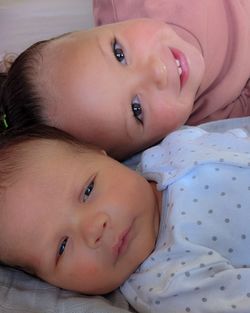 Portrait of cute baby girl lying on bed