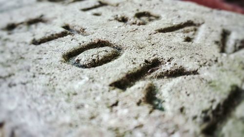 Close-up of text engraved on brick