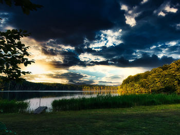 Scenic view of lake against sky during sunset