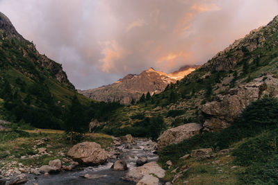 Scenic view of mountains against sky during sunset
