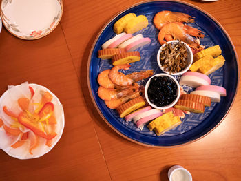 High angle view of breakfast served on table