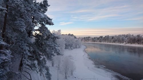 Scenic view of lake amidst snow covered trees against sky