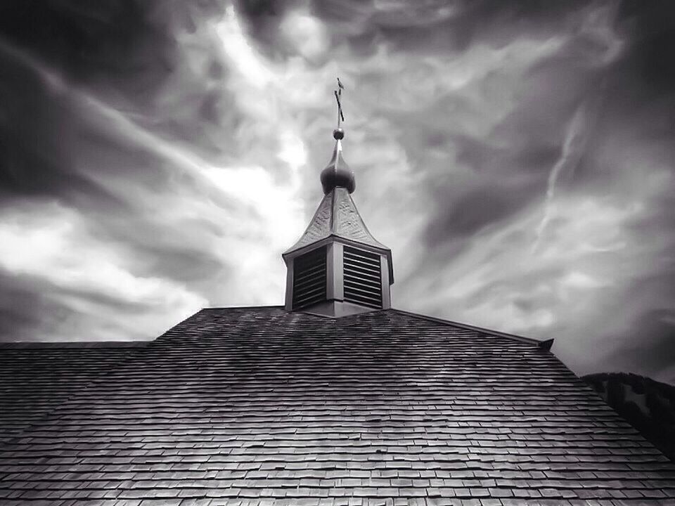 architecture, building exterior, built structure, low angle view, sky, cloud - sky, cloudy, cloud, tower, tall - high, high section, overcast, outdoors, day, city, weather, no people, tall, travel destinations, place of worship