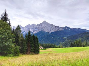 Scenic view of field and mountains against sky