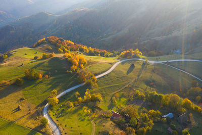Autumn countryside aerial drone image in transylvania, romania