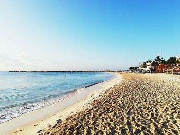 Scenic view of beach against clear blue sky