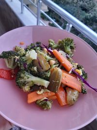 High angle view of chopped vegetables in plate