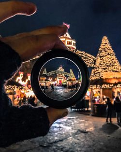 High angle view of people in city at night