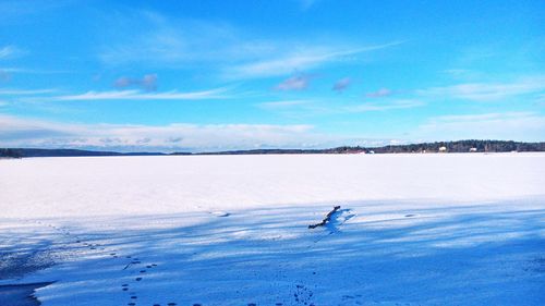 Scenic view of frozen lake against blue sky