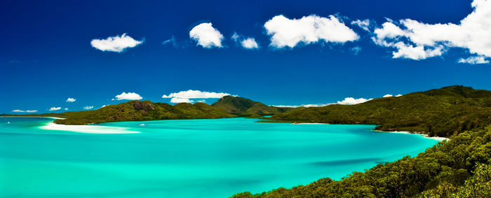 Panoramic view of sea against blue sky