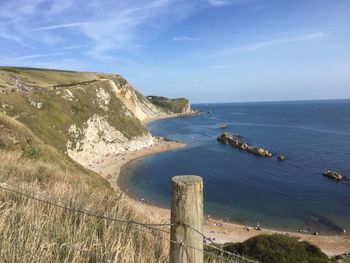 High angle view of sea against blue sky