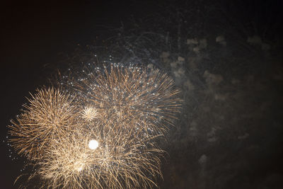 Low angle view of firework display at night