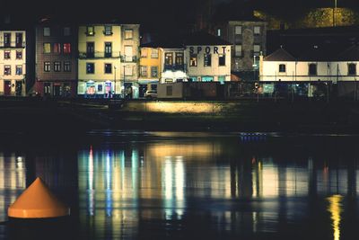 Reflection of illuminated buildings in water