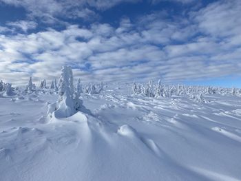 Snow covered land against sky