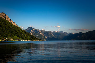 Panoramic view of traunsee lake during sunset, landscape photo of lake and mountains