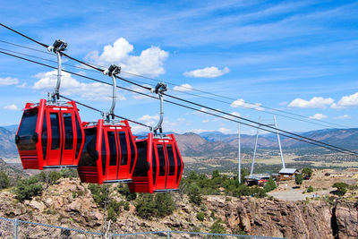 Overhead cable car on landscape against clear sky