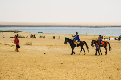 Boys enjoying horse riding on shore at beach against sky