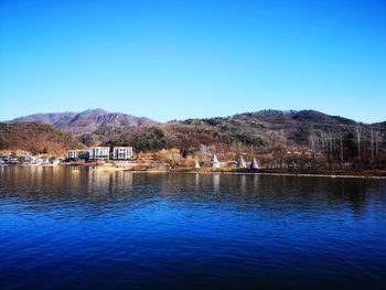 Scenic view of lake by buildings against clear blue sky