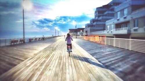Rear view of people walking on boardwalk