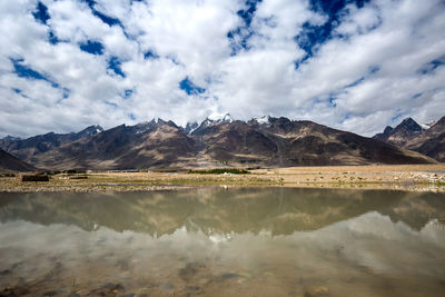 Scenic view of lake and mountains against sky