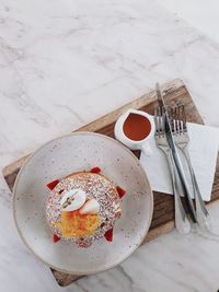 High angle view of breakfast on table