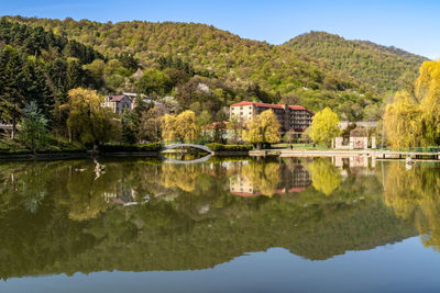 Scenic view of lake by trees against sky