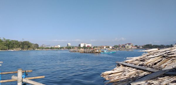 Scenic view of sea against clear blue sky