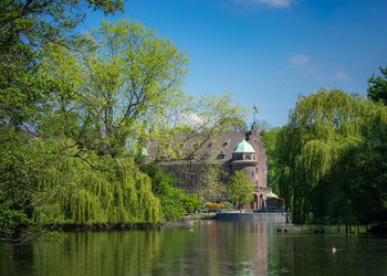 Scenic view of lake by building against sky